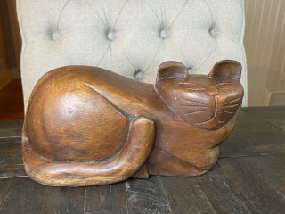 Teak Wood Vintage Hand Carved Cat Thailand Doorstop Figurine