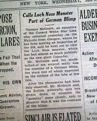 Loch Ness Monster Nessie Scotland Lake Is A German Airship ? 1934 Old Newspaper