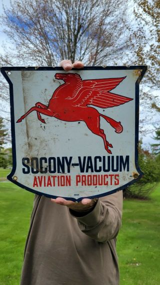 Old Vintage Socony Vacuum Aviation Gasoline Porcelain Gas Oil Pump Sign Mobil