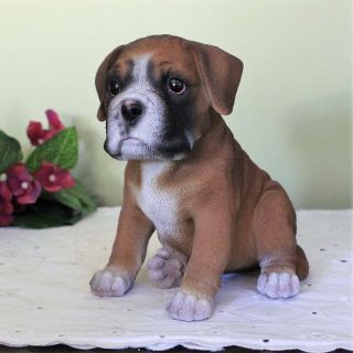 Boxer Puppy Dog Statue Sitting 6 Inch Indoor Outdoor Resin Lifelike Detail