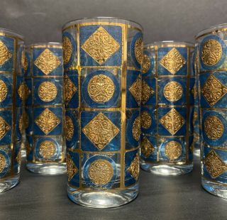 Set Of 8 Vintage Mid Century Culver Teal/blue 22kt Gold Scroll High Ball Glasses