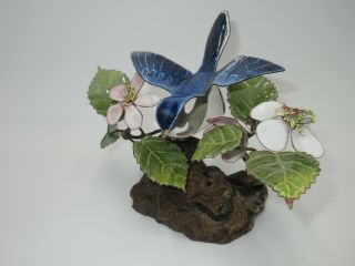 Vtg Norman Brumm Enamel Copper Metal Sculpture Driftwood Blue Bird Flower Bramch