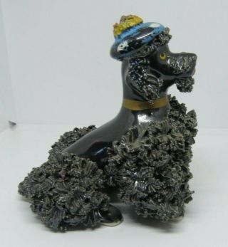 Vintage Ceramic Black Poodle Dog Figurine Spaghetti Trim W/ Blue Beret Hat 4.  5 " T