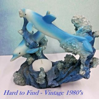 Vintage Dolphins Riding Ocean Blue Wave Glitter Coral Tea Light Candle Holder