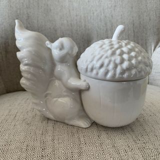 Vintage White Ceramic Squirrel Chestnut Candy Dish Nut Bowl Canister With Lid