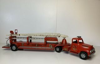 Vintage 1950s Tonka Aerial Ladder Ford Fire Truck No.  5 Pressed Steel
