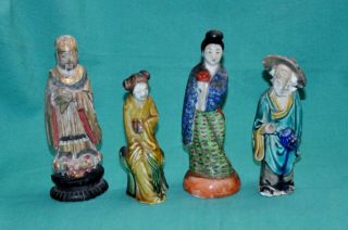 3 Vintage Chinese Pottery Mud Men/women Bonsai Figurines & 1 Wooden