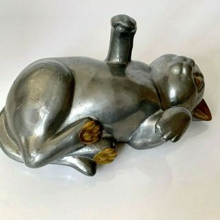 Vintage Heavy Metal Cat Figurine With Brass Eyes Ears And Paws