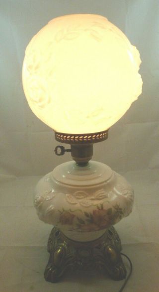 Vintage Gwtw Hurricane Table Lamp Floral Embossed White Milk Glass Pink Roses
