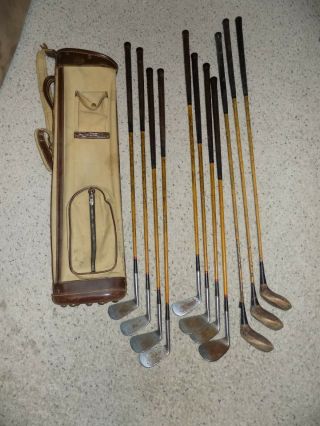 Vintage Set Spalding Robert Jones Jr 2 - 9 Irons & 3 Woods Golf Club & Golf Bag