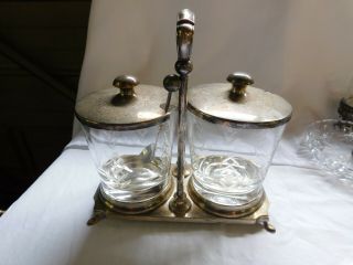 Vintage Hawkes Sterling Silver And Glass Condiment Set Jam Jars W/ Spoon
