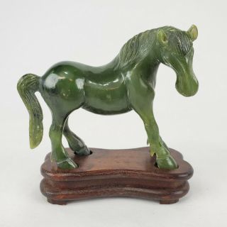 Vtg Chinese Export Green Nephrite Jade Style Carved Horse Figurine Wood Pedestal