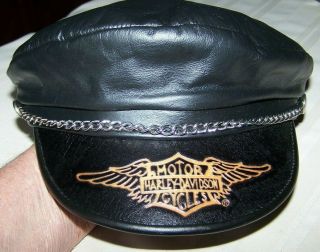 Vintage Harley Davidson Captains Leather Hat W/ Logo & Chain Size Extra Large Xl