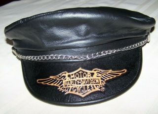Vintage Harley Davidson Captains Leather Hat W/ Logo & Chain Size Extra Large XL 3