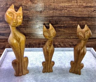 Vintage Hand Carved Wooden Cats Mid Century Modern Siamese 50s / 60s