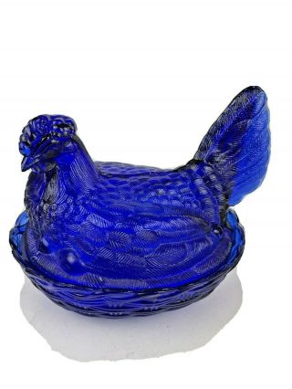 Vintage,  Cobalt Blue Glass Hen On Nest,  Basket Weave Unmarked 9 " Long X 8 " Tall
