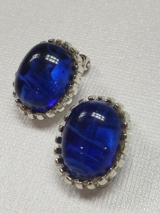 Vintage Gem Royal Blue Runway Clip Earrings Gripoix Swirl Cabochons Designer