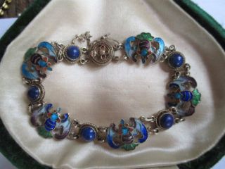 Vintage Art Deco Chinese Export Silver & Enamel Bat Bracelet.  Lapiz Lazuli