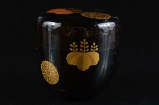 9547: Japanese Wooden Lacquerware Flower Gold Lacquer Pattern Tea Caddy Natsume