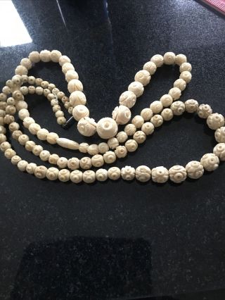 Antique Chinese Hand Carved Beads Necklace Bovine Bone X2