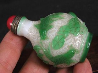 Chinese Mandarin Duck Carp Carved Peking Overlay Glass Snuff Bottle 2