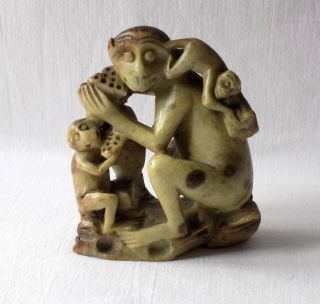 Vintage Antique Carved Green Soapstone Monkey Family Chinese,  Indian,  Heavy.