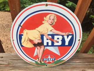 Vintage Derby Gasoline Heavy Porcelain Gas & Oil Sign 12” Gas Station Sign
