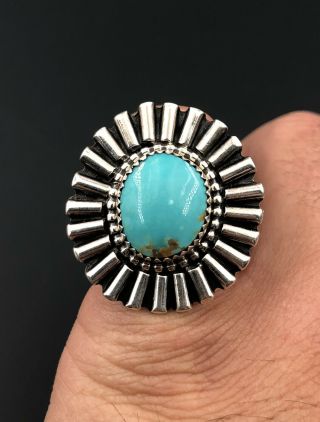 Huge Vtg Navajo Sterling Silver Natural Blue Gem Turquoise Stamped Concho Ring