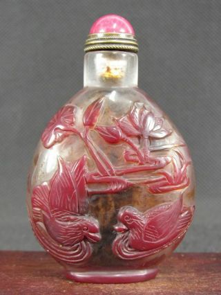 Chinese Mandarin Duck Frog Carved Peking Overlay Glass Snuff Bottle