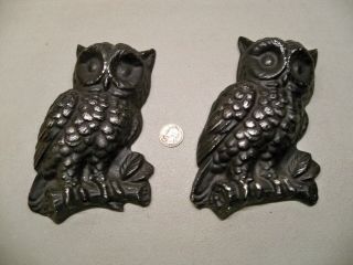 Vintage Black Painted Cast Aluminum Owls On Branches Wall Hangings