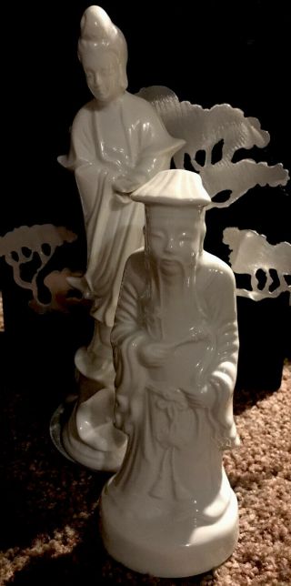 2 Vintage Chinese White Ceramic Or Porcelain Figurines Large Collectibles