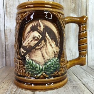Vintage Cmc Coffee Mug Stein Brown Ceramic 3d Relief Western Horseshoe