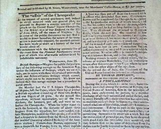 Uss Chesapeake Vs.  Hms Leopard Naval Affair W/ Thomas Jefferson 1811 Newspaper