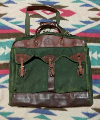 Vtg Orvis Battenkill Garment Bag Green Canvas Brown Leather Folding Luggage