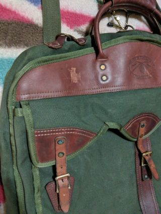 Vtg ORVIS BATTENKILL GARMENT BAG Green Canvas Brown Leather Folding Luggage 2