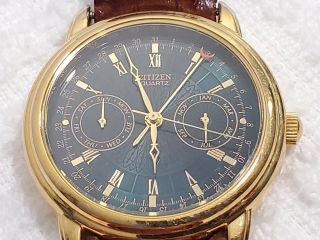Vintage Citizen Day Date Month Watch Gold Tone Black Dial Brown Leather Strap
