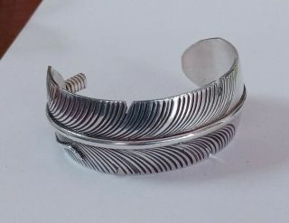 Vintage Sterling Silver Chris Charley Navajo Cuff Bracelet Feather Design