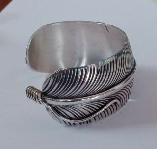 Vintage Sterling Silver Chris Charley Navajo Cuff Bracelet Feather Design 3
