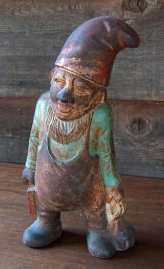 Estate Find Vintage Cast Iron Gnome Elf Coin Bank Door Stop Doorstop