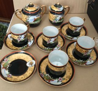 Vintage Japanese Mikori Hand Painted Gold Gilded Tea Set 13 Items