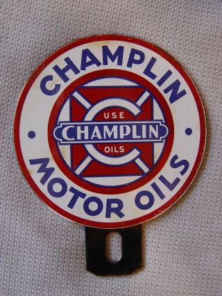 Vintage Champlin Motor Oils 2 - Piece Porcelain Advertising License Plate Topper