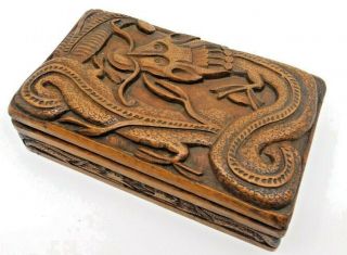 Vintage Chinese Hand Carved Wooden Dragon Cigarette Box / Cigar Box