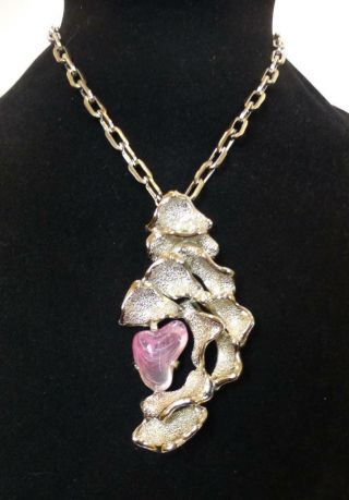 Rare Vintage Larry Vrba Castlecliff Brutalist Pendant Necklace Pink Glass Stone