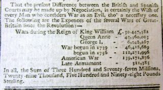 1790 Newspaper W Monetary Costs American Revolutionary War French & Indian War,