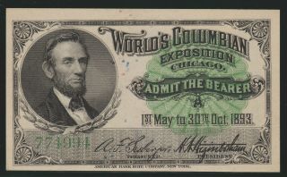 1893 Worlds Columbian Exposition Admission Ticket - Lincoln