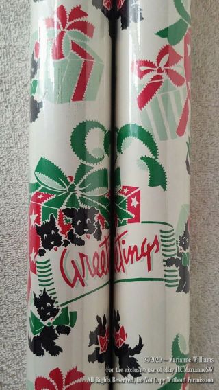2 Rolls Christmas Wrapping Paper Vintage Look Scottie Dogs W Packages Scotty