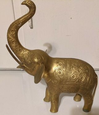 Vintage Brass Elephant Statue Trunk Up With Carvings