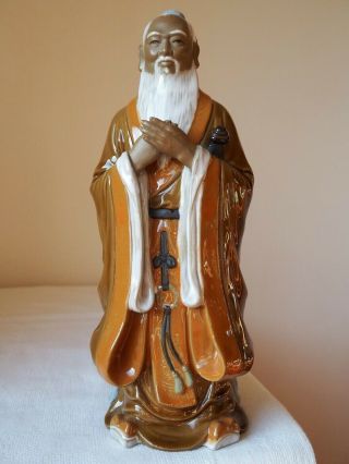 Tall Vintage Chinese Mud Men Sages Wise Man In Brown Robes - 30cm Tall