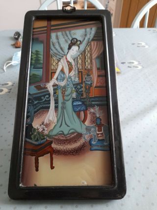 Small Japanese Reverse Painting On Glass Of A Geisha Girl.