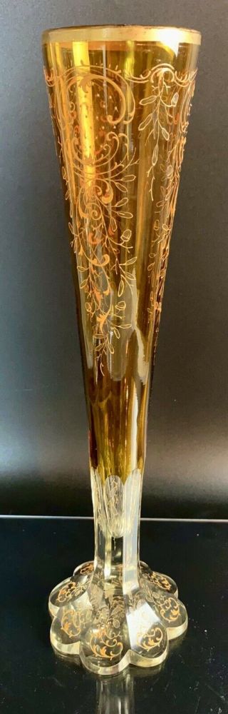 Vintage Trumpet Vase,  Moser Style - 16”,  Gold,  Amber,  Raised Enamel